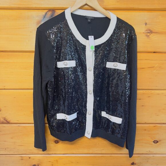 $179 Talbots Sequined Embellished Jacket Cardigan Sweater Black Lambswool PXL - Picture 1 of 4